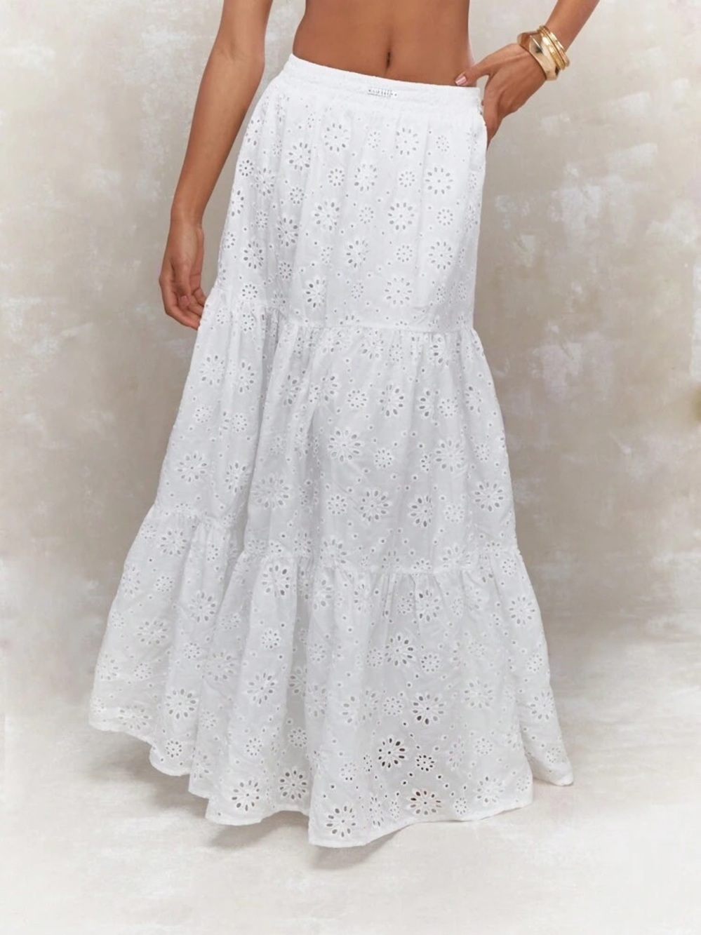 SHEIN White Eyelet Tiered Maxi Skirt